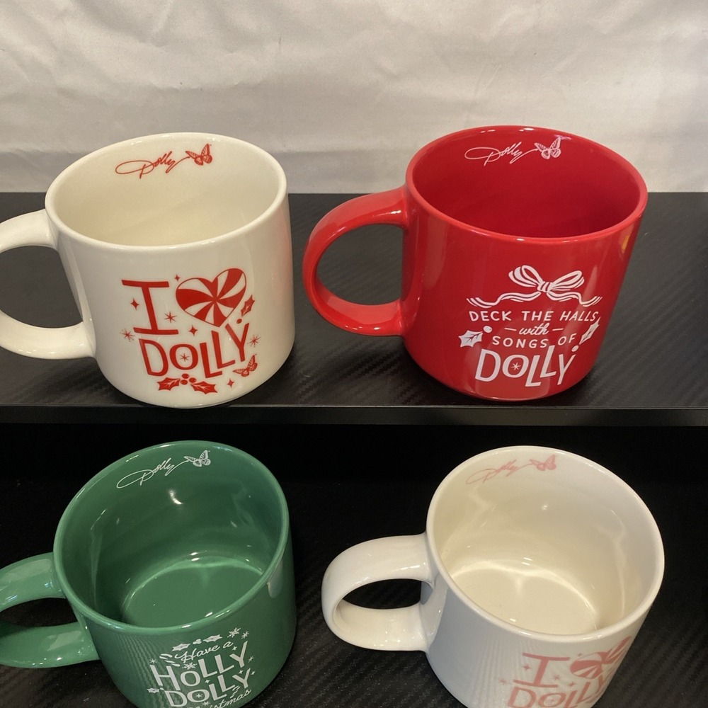 Dolly Parton Set Of All 4 Christmas Coffee Cups, Red, Green, & White, DG Mugs